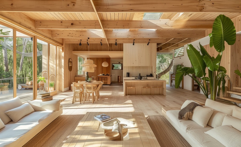 salón de madera en casa sostenible y eficiente